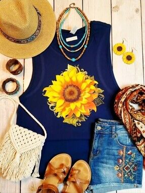 Sunflower Graphic Tank Top • Navy Sleeveless Shirt • Boho Country Floral Summer